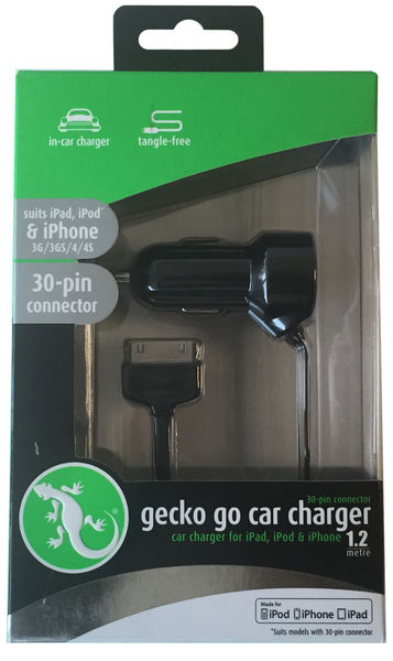 Cargador 30 Pines 12 Volts para iPhone e iPod 1 Amp Gecko Negro